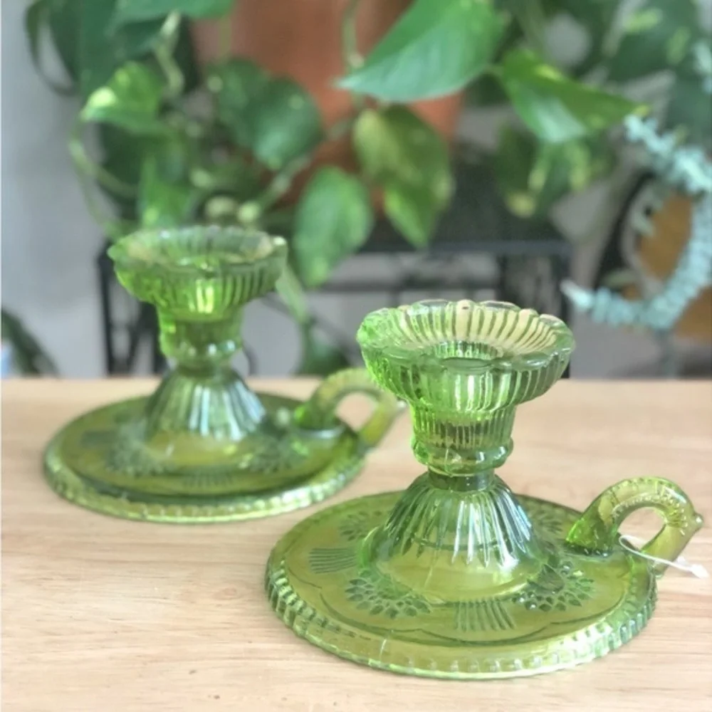 Pier 1 Imports Green Pressed Glass Chambersticks Taper Candlestick Holders Set 2